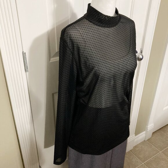 KAFFE Black semi-sheer polka dot mockneck top ~ Goth stretchy LARGE XL 1X shirt - Picture 5 of 14